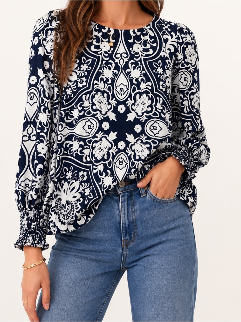 Boden Navy Blue White Scroll Print Smocked Sleeve Blouse US 10 Timeless Top Chic